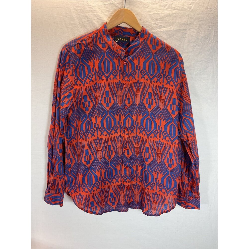 PIOMBO Button Down Shirt Men's 44 mandarin collar Blue Orange geometric‎ Italy